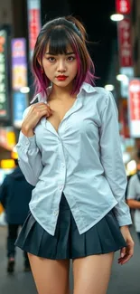 Young woman in urban street fashion at night.