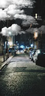 Dark urban street scene with parked cars at night.