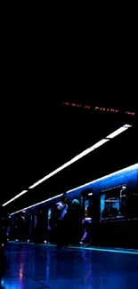 Vibrant night scene of a metro station with passengers boarding a train.