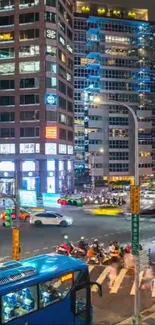 Dynamic nighttime cityscape with traffic and illuminated skyscrapers.