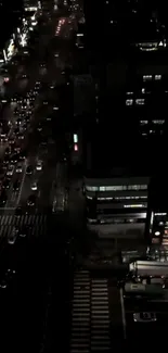 Nighttime urban traffic scene with city lights.