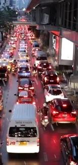 Dynamic urban night scene with congested city street and vivid car lights.