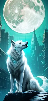 White wolf under a glowing moon in a futuristic city landscape.