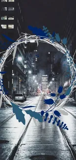 Urban night scene with a blue wreath overlay.