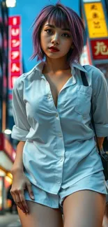 Stylish woman in city at night wearing a white shirt.