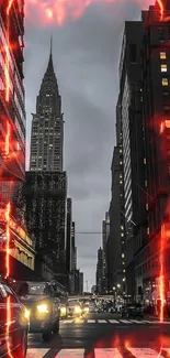 City street at night with skyscrapers and illuminated lights.