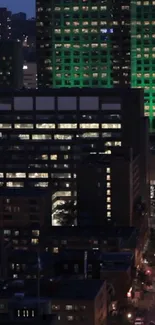 Urban nightscape with glowing city lights.