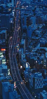 Aerial view of Tokyo cityscape at night with vibrant blue tones.