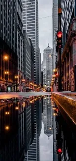 City nightscape with skyscrapers and streetlight reflections.