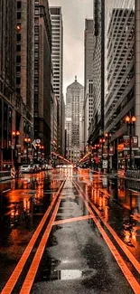 Urban night cityscape with wet reflective streets.