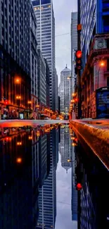 Urban street with building reflections in a night puddle scene.