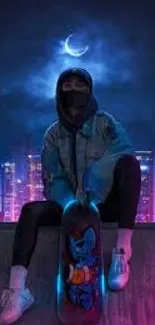 Hooded skater in urban night scene with glowing city backdrop and crescent moon.