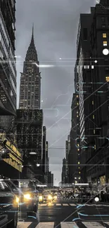 Urban nightscape with skyscrapers and streetlights in the city.