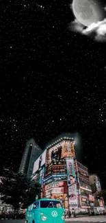 Cityscape with turquoise van under starry night sky and moon.