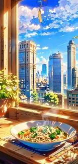 Anime window view with cityscape and noodles bowl.