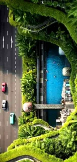 Urban oasis with lush greenery beside a highway and blue pool.