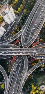 Aerial view of a busy urban overpass with dynamic highway patterns.