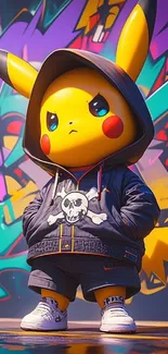 Pikachu in urban street style art with vibrant graffiti background.