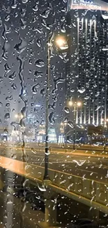 Rain-dotted glass with illuminated cityscape at night.