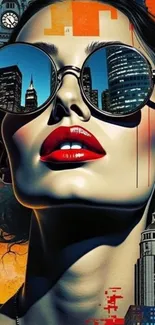 Stylized portrait with urban reflections in glasses and cityscape background.