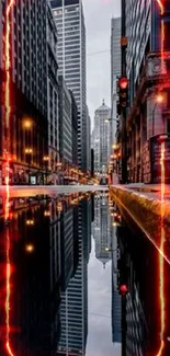 Symmetrical cityscape with urban reflections in a water puddle, capturing skyscrapers at dusk.