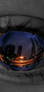 Urban skyline reflection in an eye with vibrant colors.