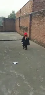 Child exploring a brick rooftop with mystery on a mobile wallpaper.