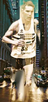 Athlete running in urban cityscape wallpaper.