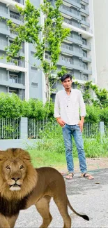 Urban jungle theme with lion in cityscape.