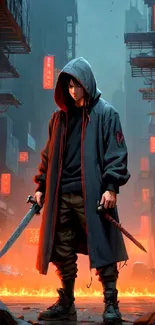 Hooded warrior stands in a fiery, dystopian city street with neon red lights at night.