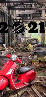 A red scooter in an abandoned industrial setting.