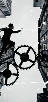 Silhouette of a person running on gears in a cityscape.