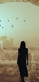 Silhouette of a woman in a cave overlooking a cityscape with birds in the sky.