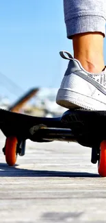 Dynamic urban skateboarder on city dock.