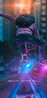 Skateboarder jumps in city street at sunset.