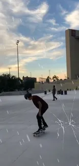 Dynamic skateboarder in an urban plaza under a beautiful sky.