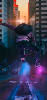 Skateboarder soaring in vibrant neon-lit cityscape.