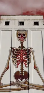 Skeleton mural on building with red sky background.