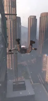 Skydiver diving between urban skyscrapers against a gray cityscape.