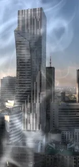 Futuristic skyscraper in urban skyline with modern architecture.