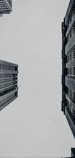 View of urban skyscrapers set against a gray sky.