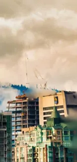 Urban skyline under dramatic cloudy sky, featuring tall buildings.