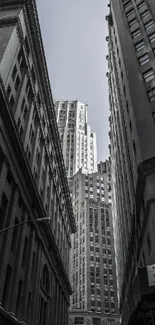 Monochrome urban skyline featuring towering buildings against the sky.
