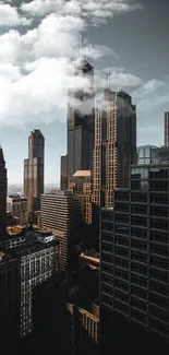 View of urban skyline with modern skyscrapers and dramatic lighting.