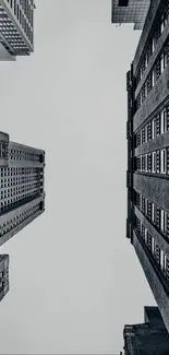 Monochrome city skyline with towering buildings against a gray sky.