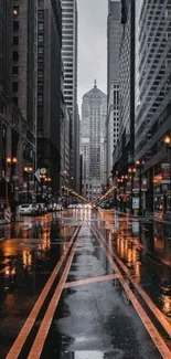 City street with skyscrapers and wet reflections in the rain.