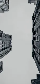 Urban skyline wallpaper with towering skyscrapers and light grey sky.