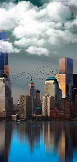 Urban skyline with skyscrapers reflecting in water under a cloudy sky.