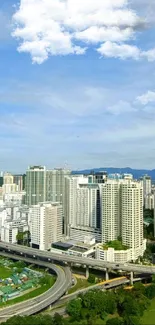 Urban skyline with high-rise buildings and blue sky.