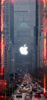 City skyline with Apple logo and busy street filled with taxis.